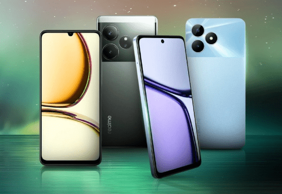 vivo vs realme ภาพเปรียบเทียบสมาร์ทโฟน 4 เครื่องจากสองแบรนด์ โดยมีโทรศัพท์ vivo และ realme วางคู่กันในแนวตั้ง เน้นแสดงดีไซน์หน้าจอและโมดูลกล้องหลังที่แตกต่างกัน