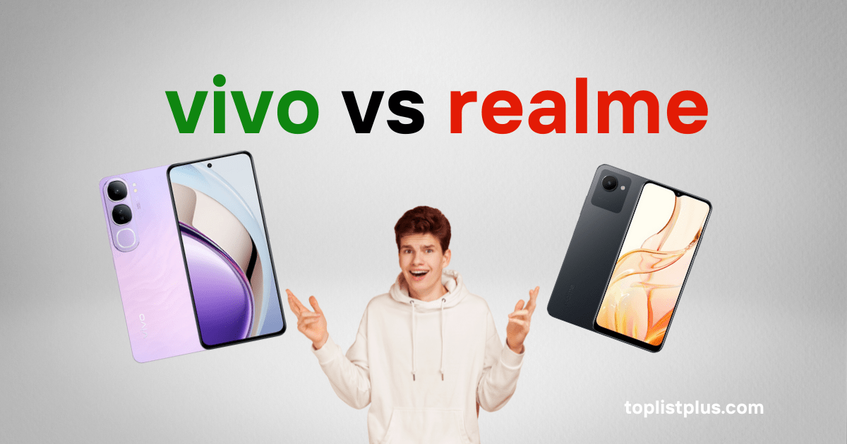 vivo vs realme ภาพชายหนุ่มทำท่าทางกางมือเปรียบเทียบ พร้อมข้อความพาดหัว "vivo vs realme" และมีรูปสมาร์ทโฟน vivo (สีม่วง) อยู่ทางซ้าย และ realme (สีดำ) อยู่ทางขวา สื่อถึงการเปรียบเทียบโทรศัพท์มือถือทั้งสองยี่ห้อ