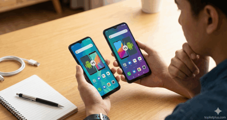 ภาพชายหนุ่มกำลังเปรียบเทียบสมาร์ทโฟนสองเครื่อง เพื่อหาคำตอบว่า โทรศัพท์ Android ไม่เกิน 10000 รุ่นไหนดี