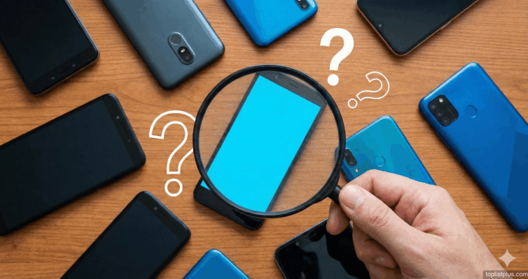 ภาพประกอบหัวข้อคำถามที่พบบ่อย การค้นหาและเปรียบเทียบเพื่อดูว่า โทรศัพท์ Android ไม่เกิน 10000 รุ่นไหนดี มีแว่นขยายส่องไปที่สมาร์ทโฟนหลายรุ่นบนโต๊ะ