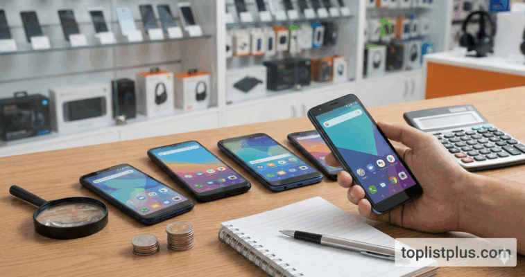 มือถือหลายรุ่นวางบนโต๊ะพร้อมเครื่องคิดเลขและแว่นขยาย กำลังเลือกซื้อ โทรศัพท์ Android ไม่เกิน 2000 รุ่นไหนดี