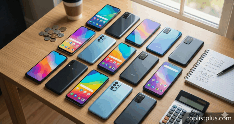 ภาพประกอบบทสรุปการเปรียบเทียบ โทรศัพท์ Android ไม่เกิน 2000 รุ่นไหนดี แสดงสมาร์ทโฟนหลายรุ่นบนโต๊ะทำงานพร้อมอุปกรณ์คำนวณงบประมาณ