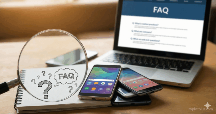 ภาพประกอบบทความ FAQ เกี่ยวกับการค้นหาข้อมูลว่า โทรศัพท์ Android ไม่เกิน 2000 รุ่นไหนดี โดยมีแว่นขยายส่องไปที่สมุดโน้ต และมีสมาร์ทโฟนหลายเครื่องวางอยู่