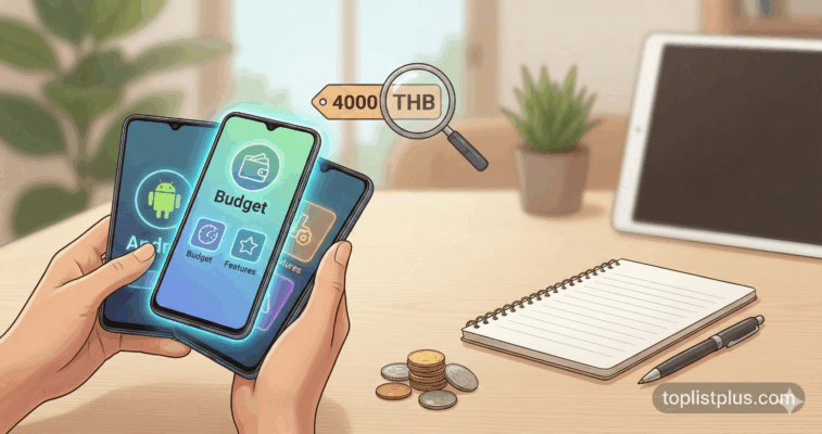 ภาพประกอบบทความแสดงมือถือสมาร์ทโฟนและแว่นขยายส่องป้ายราคา 4000 THB สื่อถึงการค้นหาข้อมูลเพื่อตอบคำถามว่า โทรศัพท์ Android ไม่เกิน 4000 รุ่นไหนดี