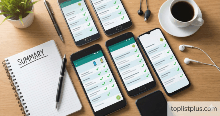 บทสรุปโทรศัพท์ Android ไม่เกิน 5000 รุ่นไหนดี พร้อมสมุดโน้ตและโทรศัพท์หลายเครื่องบนโต๊ะทำงาน