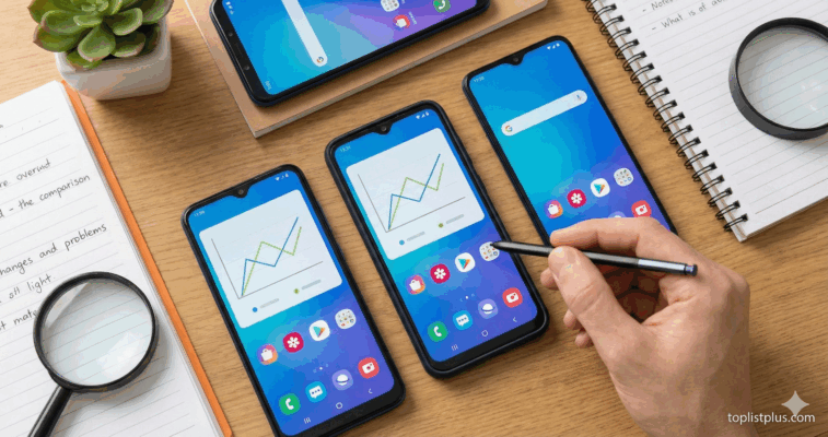 ภาพกราฟิกประกอบหัวข้อคำถามที่พบบ่อย (FAQ) เปรียบเทียบสเปกและฟีเจอร์เพื่อหาคำตอบว่า โทรศัพท์ Android ไม่เกิน 6000 รุ่นไหนดี