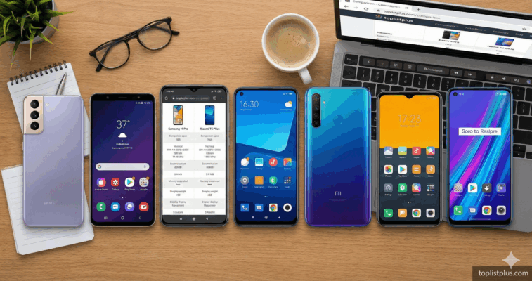 เคล็ดลับการเลือกซื้อ โทรศัพท์ Android ไม่เกิน 7000 รุ่นไหนดี รวมสมาร์ทโฟนหลายรุ่นวางเรียงบนโต๊ะทำงาน