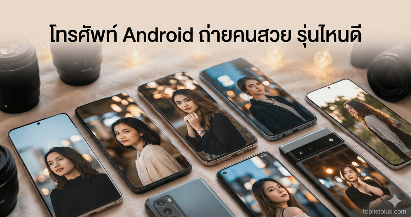 ภาพปกบทความแนะนำ โทรศัพท์ Android ถ่ายคนสวย รุ่นไหนดี แสดงสมาร์ทโฟนหลายรุ่นที่หน้าจอโชว์รูปถ่ายบุคคลแบบ Portrait พร้อมเลนส์กล้องจัดวางเป็นฉากหลัง