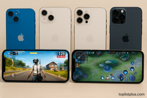 iPhone เล่นเกมลื่น รุ่นไหนดี แสดงภาพ iPhone หลายรุ่นกำลังเล่นเกมกราฟิกสูง