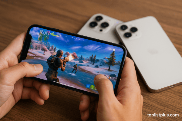 มือถือ iPhone เล่นเกมลื่น รุ่นไหนดี ภาพแสดงคนถือ iPhone เล่นเกมกราฟิกสวยบนหน้าจอแนวนอน