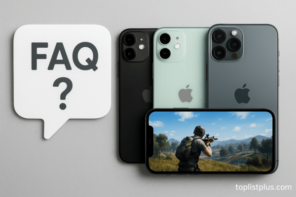 ภาพคำถามที่พบบ่อยเกี่ยวกับ iPhone เล่นเกมลื่น รุ่นไหนดี แสดงสมาร์ตโฟน iPhone หลายรุ่นพร้อมหน้าจอเกม ภาพแนวนอนสื่อถึงการเล่นเกมลื่นไหล มีลายน้ำ toplistplus.com