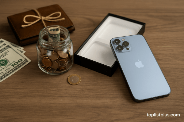 ภาพแนวนอนสื่อถึงแนวคิด ทริคประหยัดงบซื้อ iPhone ให้คุ้มที่สุด แสดง iPhone สีเงินวางข้างกล่องเปิดเปล่า พร้อมขวดโหลเหรียญและธนบัตรบนพื้นโต๊ะไม้ ให้ความรู้สึกอบอุ่นและพรีเมียม สื่อถึงการวางแผนงบประมาณก่อนการซื้อ iPhone อย่างคุ้มค่า