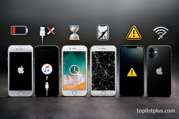 ภาพแนวนอนแสดง iPhone รุ่นต่าง ๆ พร้อมสัญลักษณ์ปัญหาที่พบบ่อย เช่น แบตเตอรี่หมด หน้าจอแตก สัญญาณหลุด และเครื่องค้าง สื่อถึงหัวข้อ รวมปัญหายอดฮิตของ iPhone แต่ละรุ่น อย่างชัดเจน พร้อมลายน้ำ toplistplus.com