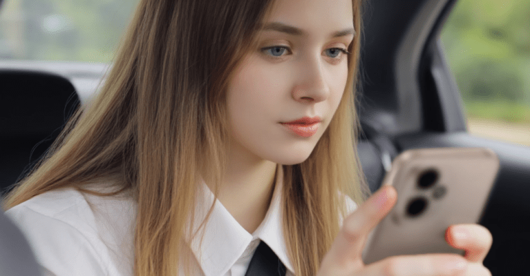 ผู้หญิงกำลังใช้โทรศัพท์ HONOR สีทองในรถยนต์ เป็นภาพประกอบการใช้งานในชีวิตจริง เพื่อตอบคำถาม โทรศัพท์ HONOR ดีไหม