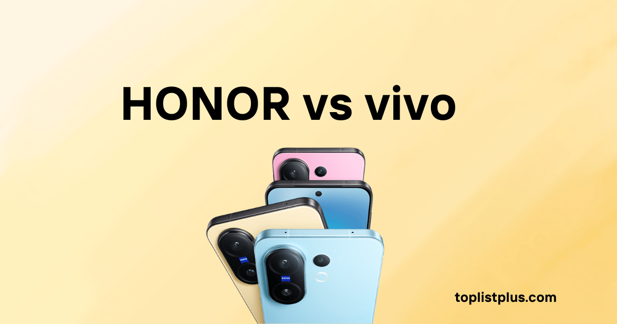 ภาพหน้าปกบทความเปรียบเทียบที่มีข้อความ "HONOR vs vivo" อยู่บนพื้นหลังสีเหลือง พร้อมรูปโทรศัพท์ vivo หลายสี