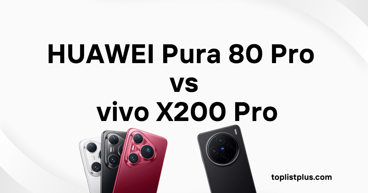 HUAWEI Pura 80 Pro vs vivo X200 Pro - ภาพหน้าปกบทความเปรียบเทียบ โดยมีข้อความขนาดใหญ่ "HUAWEI Pura 80 Pro VS vivo X200 Pro" และภาพด้านหลังของ HUAWEI Pura 3 สี (ขาว, ดำ, แดง) เทียบกับ vivo X Series สีดำ เน้นดีไซน์กล้องของทั้งสองรุ่น