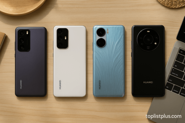 โทรศัพท์ HUAWEI Pura Series รุ่นไหนดี วางเรียงโชว์ดีไซน์หรูบนโต๊ะไม้สำหรับตกแต่งบทความเคล็ดลับการเลือกซื้อ