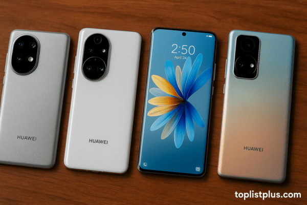โทรศัพท์ HUAWEI Pura Series รุ่นไหนดี จัดวางเรียงโชว์ดีไซน์หรูบนพื้นโต๊ะไม้ เหมาะกับภาพประกอบบทสรุปบทความรีวิว