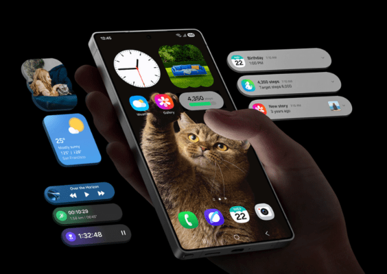 HUAWEI vs Samsung - ภาพมือถือ HUAWEI Pura แสดงหน้าจอโฮมพร้อมวอลล์เปเปอร์รูปแมวและวิดเจ็ตแบบลอยตัวที่แสดงข้อมูลนาฬิกา สภาพอากาศ กิจกรรม และการแจ้งเตือน ซึ่งเน้นการออกแบบส่วนต่อประสานผู้ใช้ (UI) และวิดเจ็ตในการเปรียบเทียบ HUAWEI vs Samsung