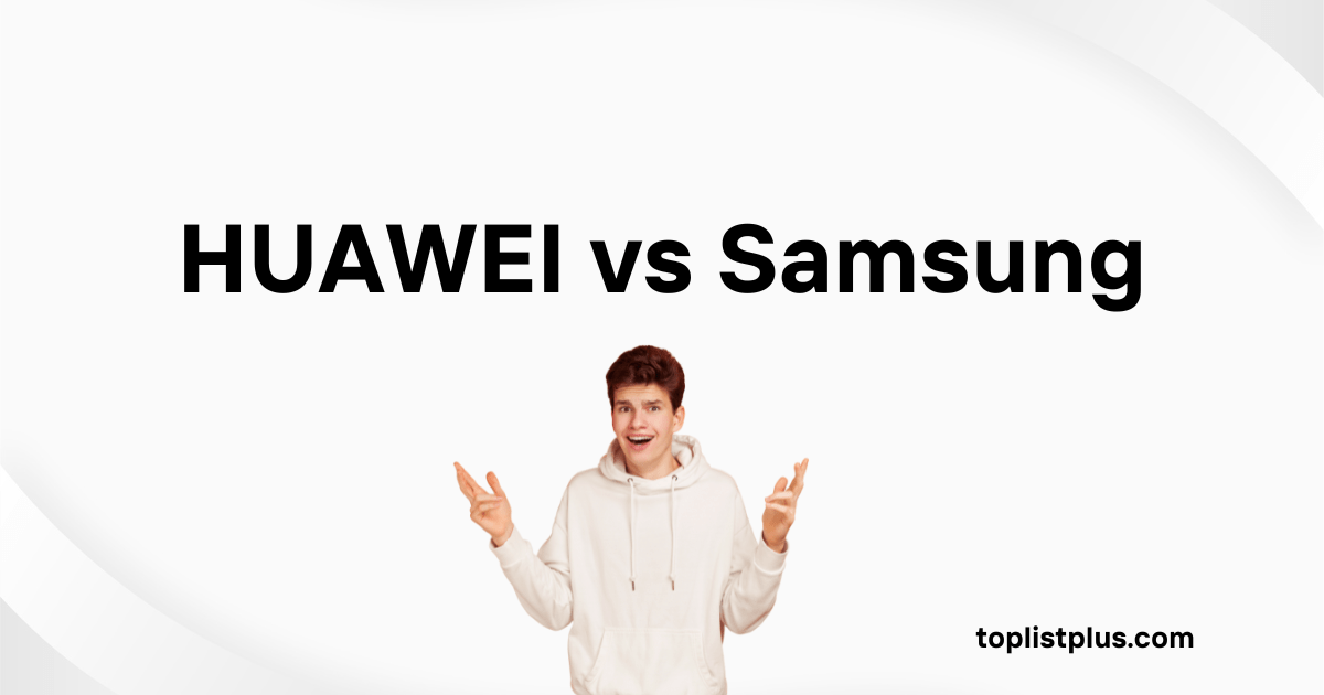 HUAWEI vs Samsung - ภาพหน้าปกบทความเปรียบเทียบ โดยมีข้อความขนาดใหญ่ "HUAWEI vs Samsung" และภาพผู้ชายสวมเสื้อฮู้ดสีขาวทำท่าทางสับสน/ประหลาดใจ โดยกางมือออก ซึ่งแสดงถึงความลังเลในการเลือกซื้อระหว่างสองแบรนด์