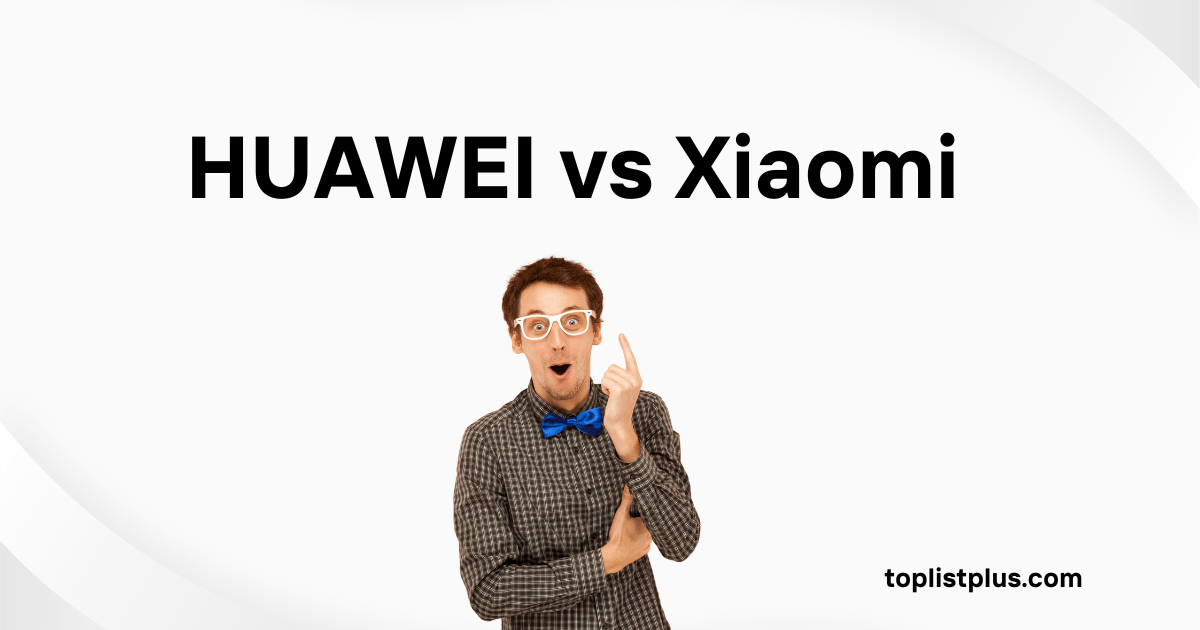 HUAWEI vs Xiaomi - ภาพหน้าปกบทความเปรียบเทียบ โดยมีข้อความขนาดใหญ่ "HUAWEI vs Xiaomi" และภาพผู้ชายสวมแว่นตาและหูกระต่าย/หูกระต่ายสีฟ้า ทำท่าทางมีความคิดหรือประหลาดใจ ซึ่งสื่อถึงการวิเคราะห์และค้นหาความแตกต่างระหว่างสองแบรนด์