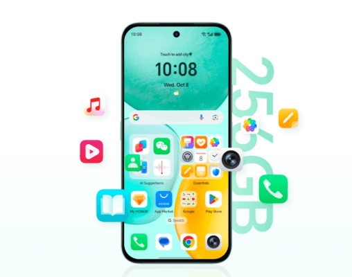 หน้าจอหลักของโทรศัพท์ HONOR แสดงไอคอนแอปพลิเคชันและการแสดงผลหน่วยความจำ 256GB เป็นตัวอย่าง วิธีดูสเปกมือถือ HONOR ก่อนซื้อ