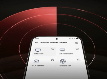 วิธีดูสเปกมือถือ TECNO ก่อนซื้อ – หน้าจอสมาร์ทโฟน TECNO แสดงเมนูควบคุมรีโมทอินฟราเรดสำหรับเครื่องใช้ไฟฟ้าต่าง ๆ เช่น โทรทัศน์ เครื่องปรับอากาศ กล้อง SLR และพัดลมไฟฟ้า เพื่อเน้นย้ำถึงฟีเจอร์และสเปกที่ควรตรวจสอบก่อนตัดสินใจซื้อ