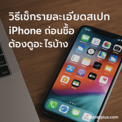 ภาพสมาร์ทโฟน iPhone วางอยู่บนโต๊ะไม้ข้างกล่องสินค้า แสดงหน้าจอเมนูหลักในบรรยากาศเรียบหรู ใช้ประกอบบทความ “วิธีเช็กรายละเอียดสเปก iPhone ก่อนซื้อ ต้องดูอะไรบ้าง”