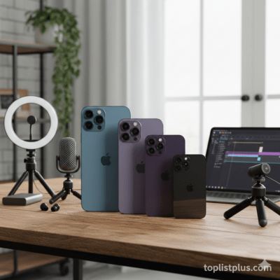 วิธีเลือก iPhone สำหรับสายคอนเทนต์ Creator - รูปภาพแสดง iPhone รุ่นต่างๆ และอุปกรณ์เสริมสำหรับการถ่ายทำคอนเทนต์