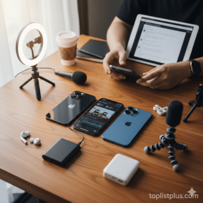วิธีเลือก iPhone สำหรับสายคอนเทนต์ Creator - ภาพมุมสูงของอุปกรณ์สำหรับครีเอเตอร์บนโต๊ะไม้ ประกอบด้วย iPhone 3 เครื่อง, ไมโครโฟน, Ring Light, แบตเตอรี่สำรอง และหูฟัง