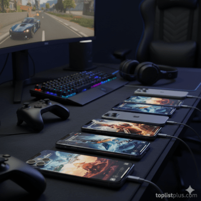 "วิธีเลือก iPhone สำหรับเล่นเกมเป็นหลัก โดยมี iPhone รุ่นต่างๆ วางเรียงอยู่บนโต๊ะเกมมิ่ง พร้อมกับอุปกรณ์เล่นเกมอื่นๆ"