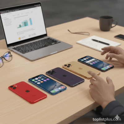 รูปภาพแสดง iPhone รุ่นต่างๆ วางอยู่บนโต๊ะทำงานพร้อมกับแล็ปท็อปและอุปกรณ์อื่นๆ เพื่อช่วยในการตัดสินใจ วิธีเลือก iPhone ให้เหมาะกับการใช้งาน