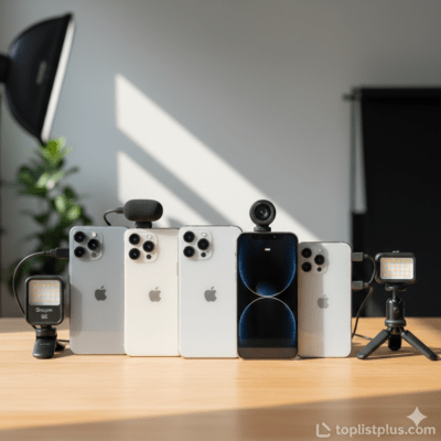 วิธีเลือก iPhone สำหรับสายคอนเทนต์ Creator - รูปภาพ iPhone หลายรุ่นพร้อมอุปกรณ์เสริมสำหรับถ่ายทำ เช่น ไมโครโฟนและไฟส่องสว่าง วางอยู่บนโต๊ะไม้ ในบรรยากาศสตูดิโอที่สว่างไสว