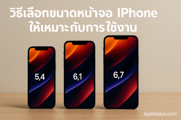 ภาพเปรียบเทียบขนาดหน้าจอ iPhone รุ่นต่าง ๆ เพื่ออธิบาย “วิธีเลือกขนาดหน้าจอ iPhone ให้เหมาะกับการใช้งาน” แสดงให้เห็นความแตกต่างของหน้าจอจากรุ่นเล็กถึงรุ่นใหญ่