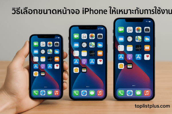 ภาพเปรียบเทียบขนาดหน้าจอ iPhone หลายรุ่น แสดงความแตกต่างของขนาดหน้าจอ เพื่อประกอบบทความ วิธีเลือกขนาดหน้าจอ iPhone ให้เหมาะกับการใช้งาน