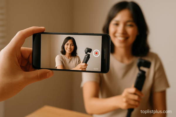 คนกำลังถ่ายวิดีโอด้วยสมาร์ทโฟน Samsung ในมุมมองระยะใกล้ แสดงให้เห็นหน้าจอและการบันทึกวิดีโอ — วิธีถ่ายวิดีโอด้วย Samsung
