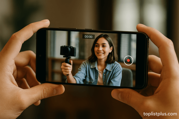 ภาพประกอบแสดงวิธีถ่ายวิดีโอด้วย Samsung โดยมีคนกำลังถือสมาร์ทโฟน Samsung ถ่ายวิดีโอในบรรยากาศธรรมชาติ