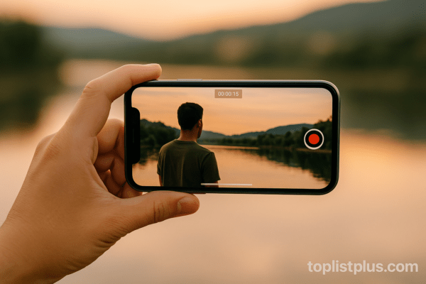 ภาพแนวนอนของคนถือ iPhone กำลังถ่ายวิดีโอริมแม่น้ำในช่วงพระอาทิตย์ตก แสดงบรรยากาศอบอุ่นและธรรมชาติ สื่อถึง “วิธีถ่ายวิดีโอสวยด้วย iPhone” อย่างเป็นธรรมชาติ