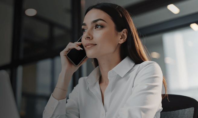 ผู้หญิงใส่เสื้อเชิ้ตสีขาวกำลังคุยโทรศัพท์ HONOR ในสำนักงาน ภาพนี้ใช้ประกอบคำแนะนำเกี่ยวกับ วิธีถ่ายรูปสวยด้วย HONOR