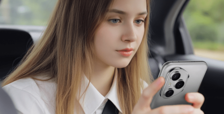 ผู้หญิงกำลังใช้โทรศัพท์ HONOR สีเงินในรถยนต์ โดยเห็นชุดกล้องด้านหลังอย่างชัดเจน ภาพนี้ใช้ประกอบคำแนะนำ วิธีถ่ายรูปสวยด้วย HONOR