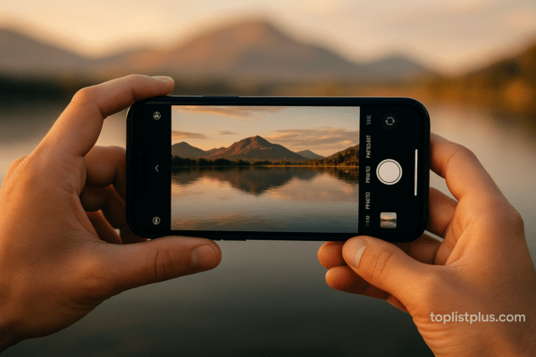 มือถือ iPhone กำลังถ่ายภาพวิวธรรมชาติยามเย็น แสงอบอุ่นสะท้อนน้ำ แสดงตัวอย่างในบทความ วิธีถ่ายรูปสวยด้วย iPhone