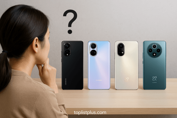 ภาพโทรศัพท์ HUAWEI nova Series รุ่นไหนดี แสดงโทรศัพท์หลายรุ่นวางเรียงบนโต๊ะ พร้อมลายน้ำ toplistplus.com