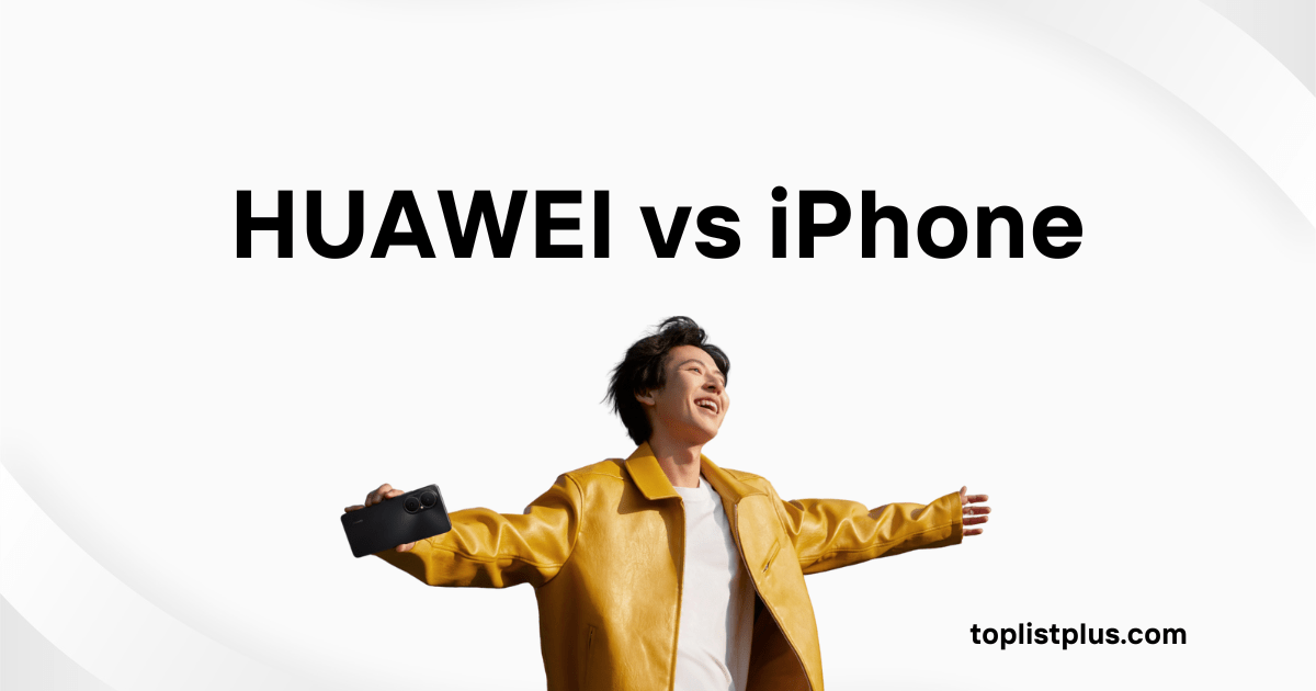 HUAWEI vs iPhone - ภาพหน้าปกบทความเปรียบเทียบ โดยมีข้อความขนาดใหญ่ "HUAWEI vs iPhone" และภาพผู้ชายสวมแจ็คเก็ตสีเหลืองกำลังยิ้มและกางแขนอย่างมีความสุข พร้อมถือสมาร์ทโฟน HUAWEI สีดำอยู่ในมือ ซึ่งเป็นตัวแทนของแบรนด์ HUAWEI