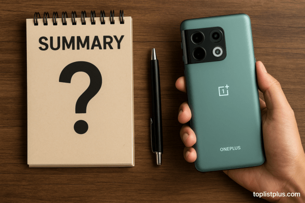 ภาพโทรศัพท์ OnePlus รุ่นไหนดี วางบนโต๊ะไม้พร้อมสมุดบันทึกและปากกา ใช้โทนสีนุ่มอบอุ่นสำหรับตกแต่งบทความหัวข้อ "บทสรุป"