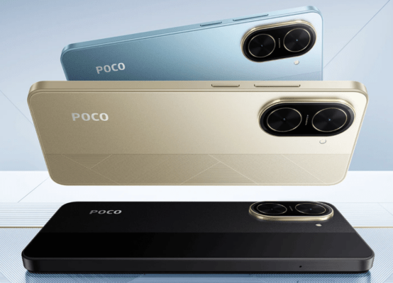 รูปซูมด้านหลังของสมาร์ทโฟน POCO C71 สามสี ได้แก่ สีฟ้า สีทอง และสีดำ โดยเน้นดีไซน์ของฝาหลังที่มีลวดลายและโมดูลกล้องหลังคู่ รีวิว POCO C71
