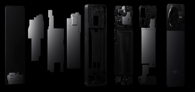 ภาพแสดงการแยกส่วน (Exploded View) ของชิ้นส่วนภายในสมาร์ทโฟน POCO F7 Pro เพื่อเน้นการออกแบบและส่วนประกอบภายในในบทความ รีวิว POCO F7 PRO