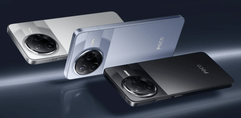 รูปภาพตัวเครื่อง POCO F7 PRO สามสี ได้แก่ สีเงิน สีฟ้า/เทา และสีดำ แสดงด้านหลังและโมดูลกล้องวงกลม รีวิว POCO F7 PRO