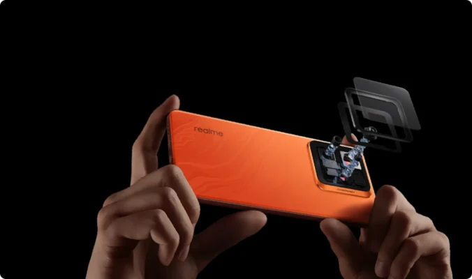 มือสองข้างกำลังถือสมาร์ทโฟน realme สีส้มในแนวนอน โดยมีการแสดงโครงสร้างกล้องด้านหลังแบบมีมิติ แสดงให้เห็นเทคโนโลยีกล้องในการเปรียบเทียบ POCO F7 Ultra vs realme GT 7 Pro