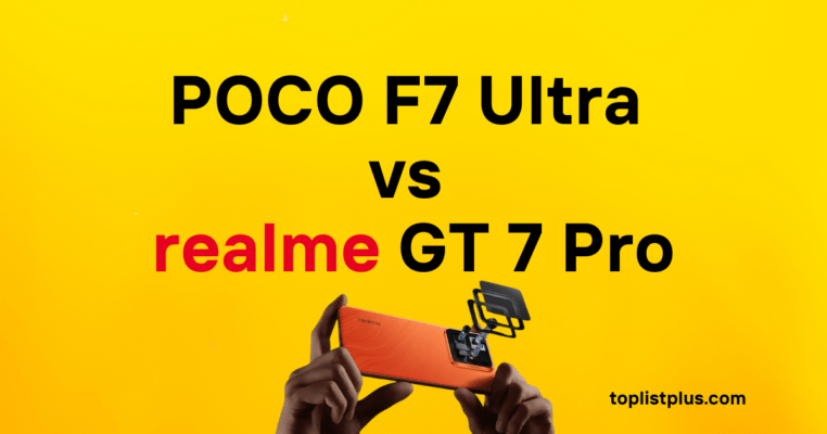 Alternative Text: ภาพหน้าปกบทความแสดงข้อความ "POCO F7 Ultra vs realme GT 7 Pro" บนพื้นหลังสีเหลือง พร้อมรูปมือกำลังถือสมาร์ทโฟน realme สีส้มที่ด้านล่างเพื่อเปรียบเทียบ POCO F7 Ultra vs realme GT 7 Pro