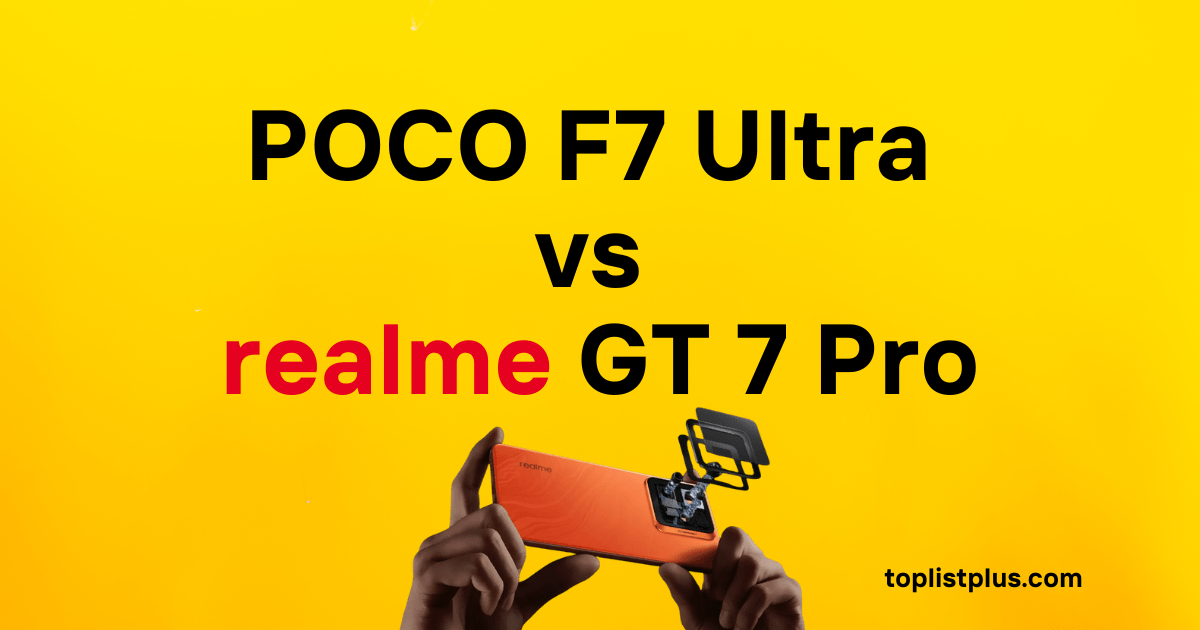 Alternative Text: ภาพหน้าปกบทความแสดงข้อความ "POCO F7 Ultra vs realme GT 7 Pro" บนพื้นหลังสีเหลือง พร้อมรูปมือกำลังถือสมาร์ทโฟน realme สีส้มที่ด้านล่างเพื่อเปรียบเทียบ POCO F7 Ultra vs realme GT 7 Pro